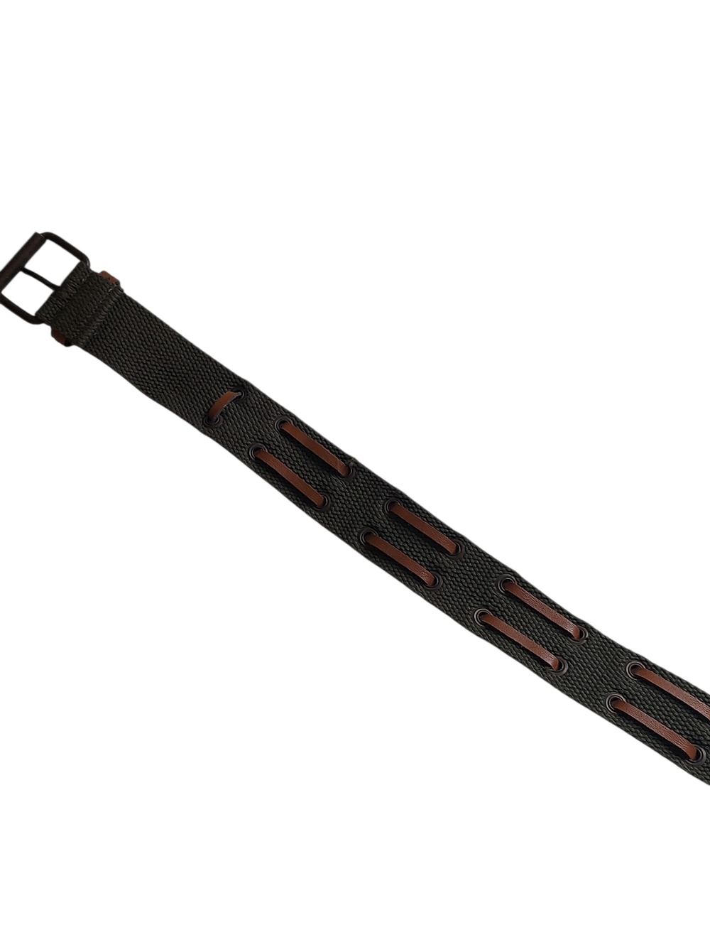 Military Inspired Olive Green Web Belt Brown Faux Leather Trim Adjustable - Picture 11 of 13